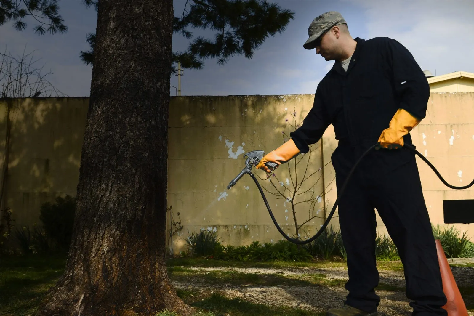 A man spraying water from hose near tree.