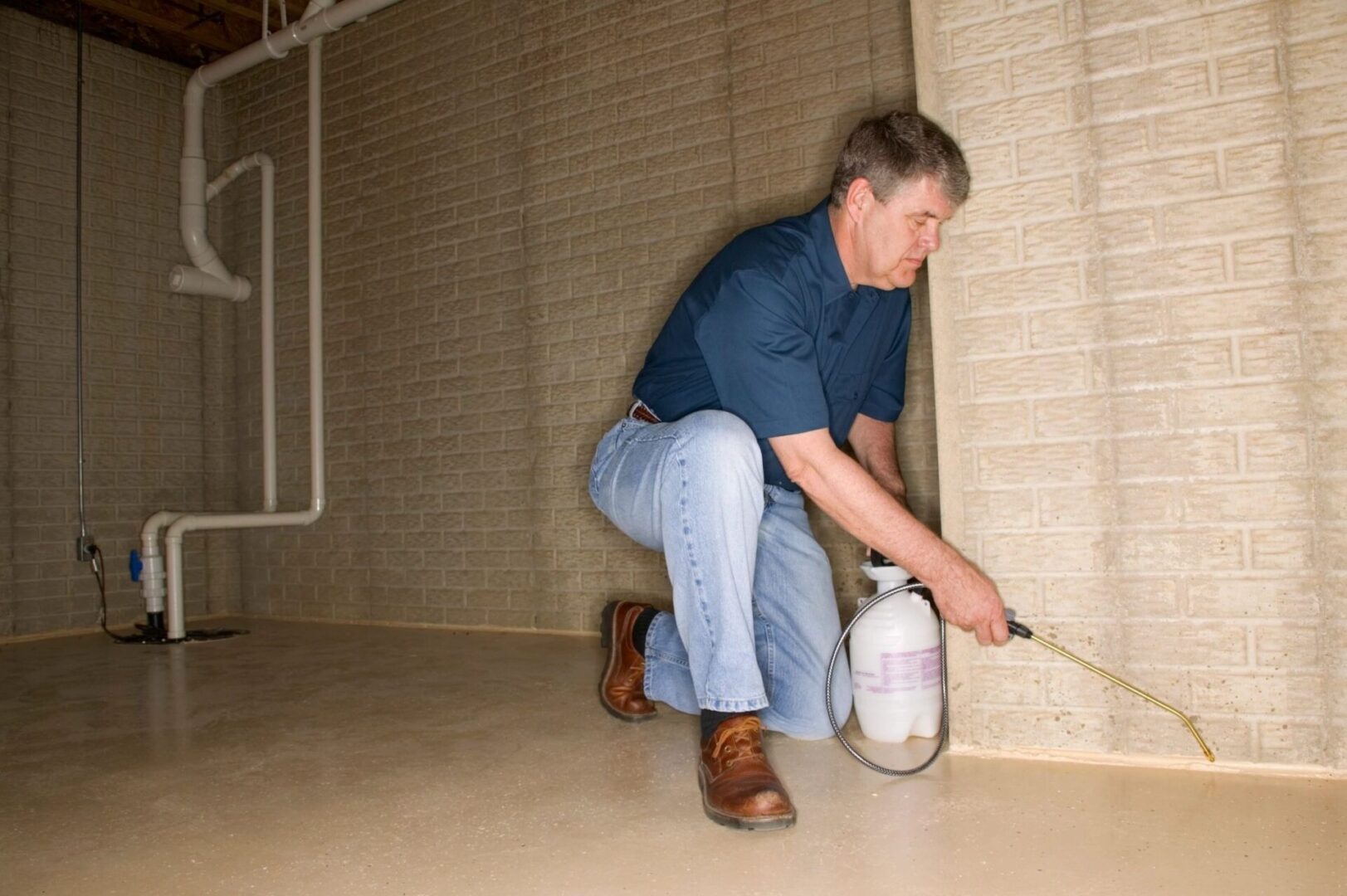 A man is spraying paint on the floor.