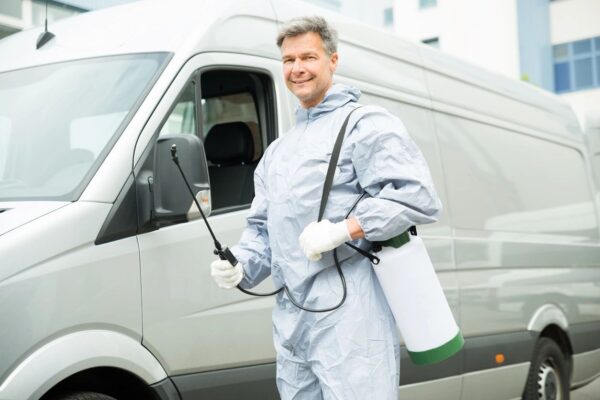 A man in a hazmat suit holding a spray bottle.